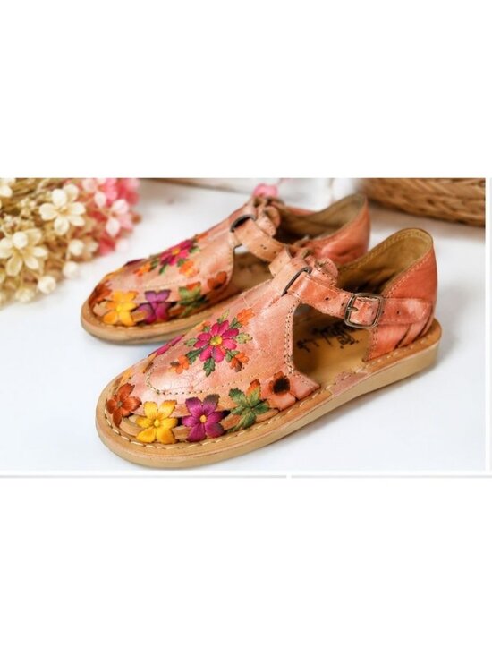 Visar Other - Handmade Mexican Floral Huarache Sandals Girls Size 11 Embroidered Leather Shoes